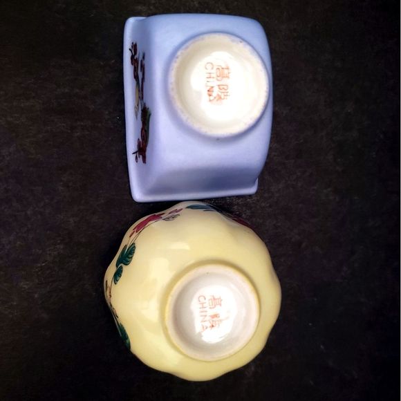 Porcelain Lillian Vernon Trinket Bowls Birds Flowers Yellow Blue Vintage Chinese - Picture 11 of 11